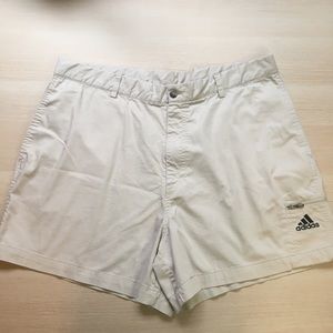 Men’s khaki flat front Adidas shorts tan, 38 waist, 5” inseam